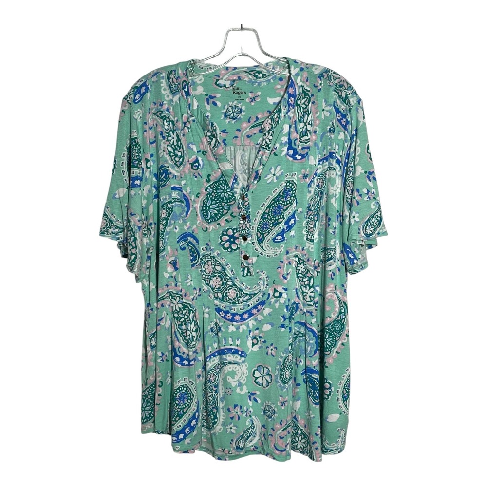 Kim Rogers Womens Top 1X Paisley Print Button Up Short Sleeve Blouse‎